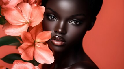 Stunning Portrait of a Black Woman with Coral Flowers