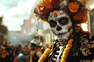 Poster - A person dressed up as a character with a skull face paint, ready for a costume party or Halloween event