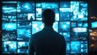 © Fotograf - A person standing in front of a large display of multiple TV screens, ideal for use in tech-related contexts such as offices, studios, or entertainment venues