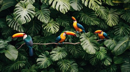 Poster - A group of vibrant birds sit atop a tree branch, showcasing their bright plumage and lively nature