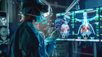 Wall Mural - A doctor is looking at a computer screen with a 3D image of a heart