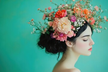 Poster - A woman wearing a beautiful flower crown, perfect for outdoor or nature-themed shoots