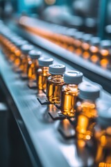 Poster - A conveyor belt transporting bottles of liquid, useful for various settings such as factories or storage facilities