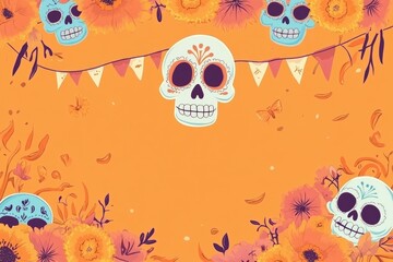Aufkleber - A group of sugar skulls decorated with flowers and greenery, often used for Day of the Dead celebrations or Halloween decorations