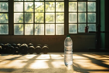 Aufkleber - A single water bottle sits on a wooden floor, with a simple and clean composition