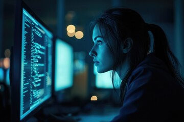 Sticker - A woman sits in front of a computer monitor, focused on her work