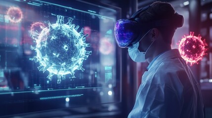 Poster - A scientist explores virtual reality with a lab coat and headset, great for tech and education concepts