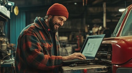 Poster - A person typing away on their laptop in a bustling workshop setting