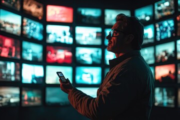 Poster - A person standing in front of a large wall of television screens, ideal for technology or media-related concepts