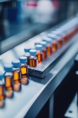 Poster - Conveyor belt carrying bottles of various liquids in a factory setting