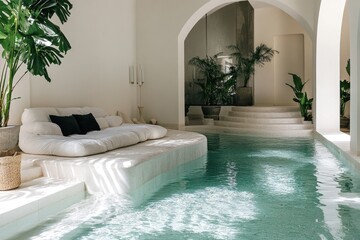 Poster - Cozy living room with stylish furniture and a swimming pool in the background
