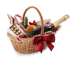 Poster - Wicker gift basket with sparkling wine isolated on white