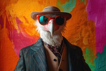 Poster - A bird standing in front of a colorful wall, wearing a hat and sunglasses