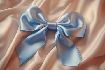 Poster - A blue bow lying on top of a white sheet, great for wedding or gift decoration