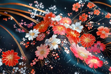 Aufkleber - Close-up of a fabric featuring colorful flower design