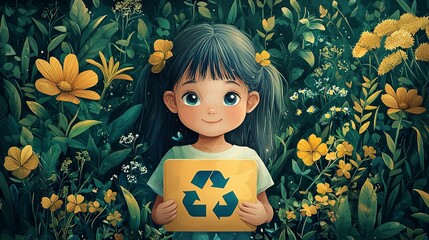 Wall Mural - A cute girl stands in a field of blooming yellow flowers, holding a recycling symbol, portraying innocence, hope, and a commitment to the environment.