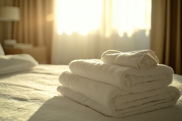 Poster - A pile of neatly folded towels sitting on the edge of a bed, ready for use