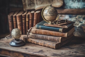 Poster - A globe sits atop a stack of books, representing knowledge and exploration