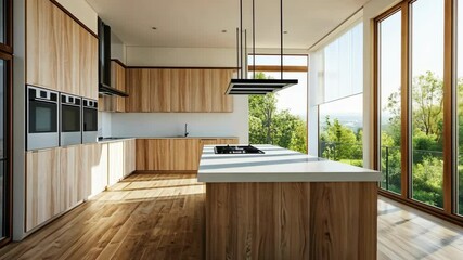 Wall Mural - a modern kitchen with wooden cabinets and a white countertop overlooks a green forest