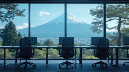 Poster - Empty office chairs and desks facing Mount Fuji, blending nature with modern workspaces, offering a striking background