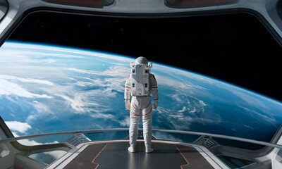 an astronaut stands in a futuristic spacecraft gazing out a large window at a detailed earth.