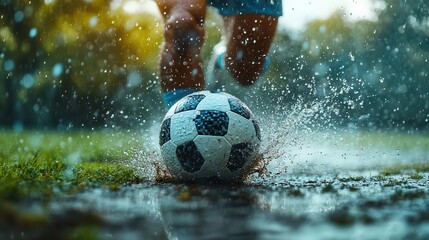 Wall Mural - dynamic soccer player executing a powerful kick on a rainsoaked field capturing the intensity of the match with droplets flying in motion showcasing athleticism and passion for the sport