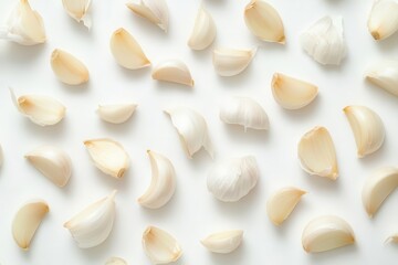 A collection of garlic cloves scattered on a white background.