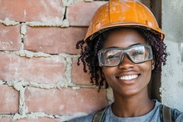 Poster - A woman wearing a hard hat and glasses on a construction site or in an industrial setting