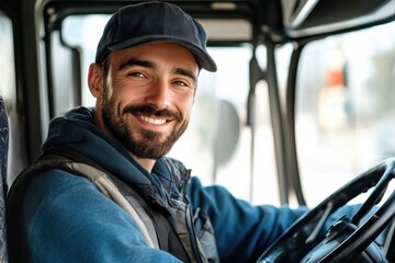 Poster - A person sitting in the driver's seat of a public transportation vehicle, ready to start their journey