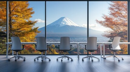 Poster - Empty office chairs and desks facing Mount Fuji, blending nature with modern workspaces, offering a striking background