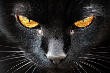 Poster - A close-up photo of a black cat's face with bright yellow eyes