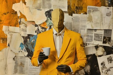 Wall Mural - A businessman or artist dressed in bright yellow, sipping coffee and going about daily routine