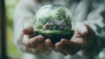 Poster - A person holds a glass ball containing a miniature house, great for illustrating domestic scenes or showcasing creative hobbies