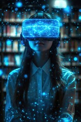 Poster - A woman sitting in a library wearing a virtual reality headset, surrounded by books and quiet atmosphere