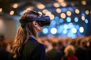 Aufkleber - A person in a virtual reality headset standing in front of an audience, with a futuristic and high-tech background