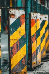 Poster - Warning signs on a road with bright yellow and black stripes, used for construction or hazard zones