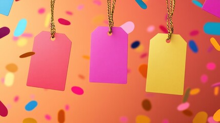Poster - Colorful confetti sprinkles fill the background as three decorative hanging tags dangle down