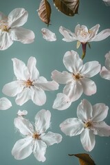 Poster - A group of white flowers drifting through the air, possibly carried by wind or water