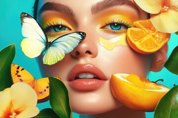 Poster - Close-up portrait of a woman with colorful orange and butterfly designs on her face, suitable for use in beauty or art related contexts