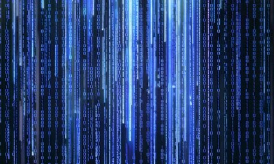 Poster - Dynamic blue and white binary code on dark background.