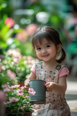 Poster - A young girl holds a bucket of fresh flowers