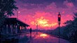 © Teerasak - A distant perspective of a character walking away from a train station, with the evening sky painted in soft colors, creating a reflective and calming mood