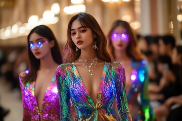 Aufkleber - A futuristic fashion show featuring Thai silk, where models wear glowing garments made of high-tech, digitally woven silk with holographic patterns and vibrant colors.