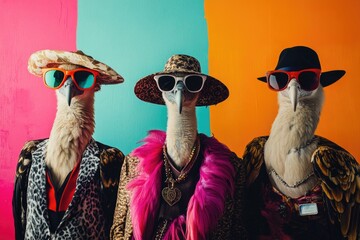 Sticker - Three ostrichs posing in front of a vibrant wall, wearing stylish hats and sunglasses