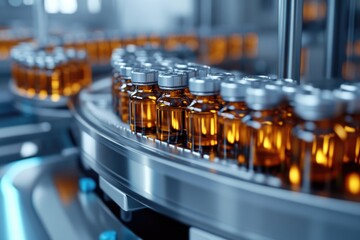 Poster - A conveyor belt transporting bottles of various liquids, suitable for use in industrial or commercial settings