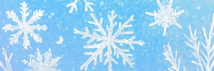 Wall Mural - Winter wonderland: white and blue snowflakes on a frozen surface panorama