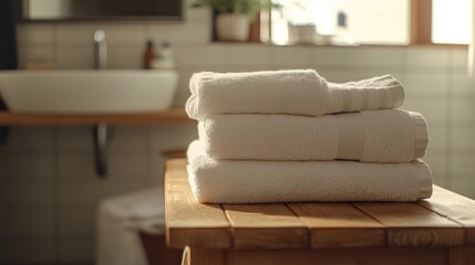 Poster - Stacked towels on wood grain table, great for bathroom or spa scene