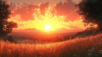 Wall Mural - a vibrant sunset illuminates a grassy field with distant mountains and trees in the foreground.