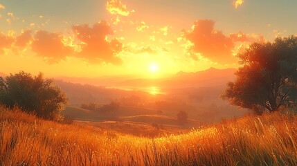 Wall Mural - dramatic sunset over a golden field with a lake and mountains in the distance.