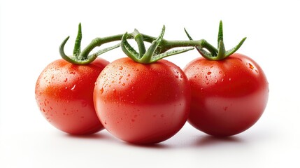 Poster - Fresh tomatoes with water droplets on a white surface, great for food or kitchen photography